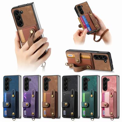Wrist Strap Wallet Case For Samsung  Z Fold 6 5 4 S24 Ultra S23 FE S22 Plus A16 A15 A25 A35 A55 Card Holder Shockproof Protective PU Leather Cover