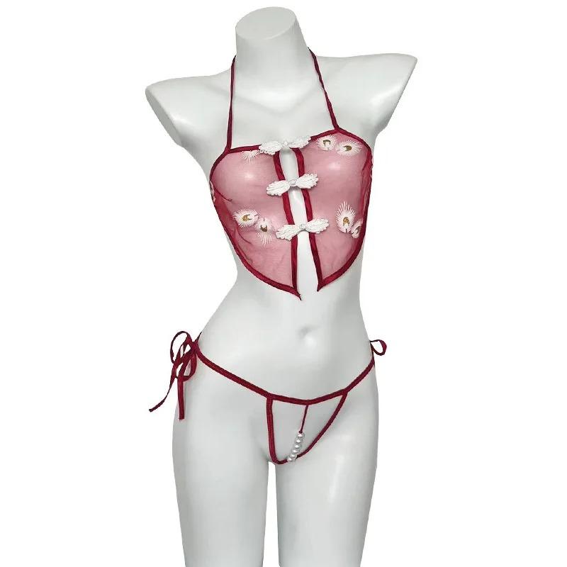 Sexy Ancient Style Hanfu New Perspective Embroidery Three-point Women Rompers Fashion Slim Fit Mesh Lace Up Bodysuits New  L7GP