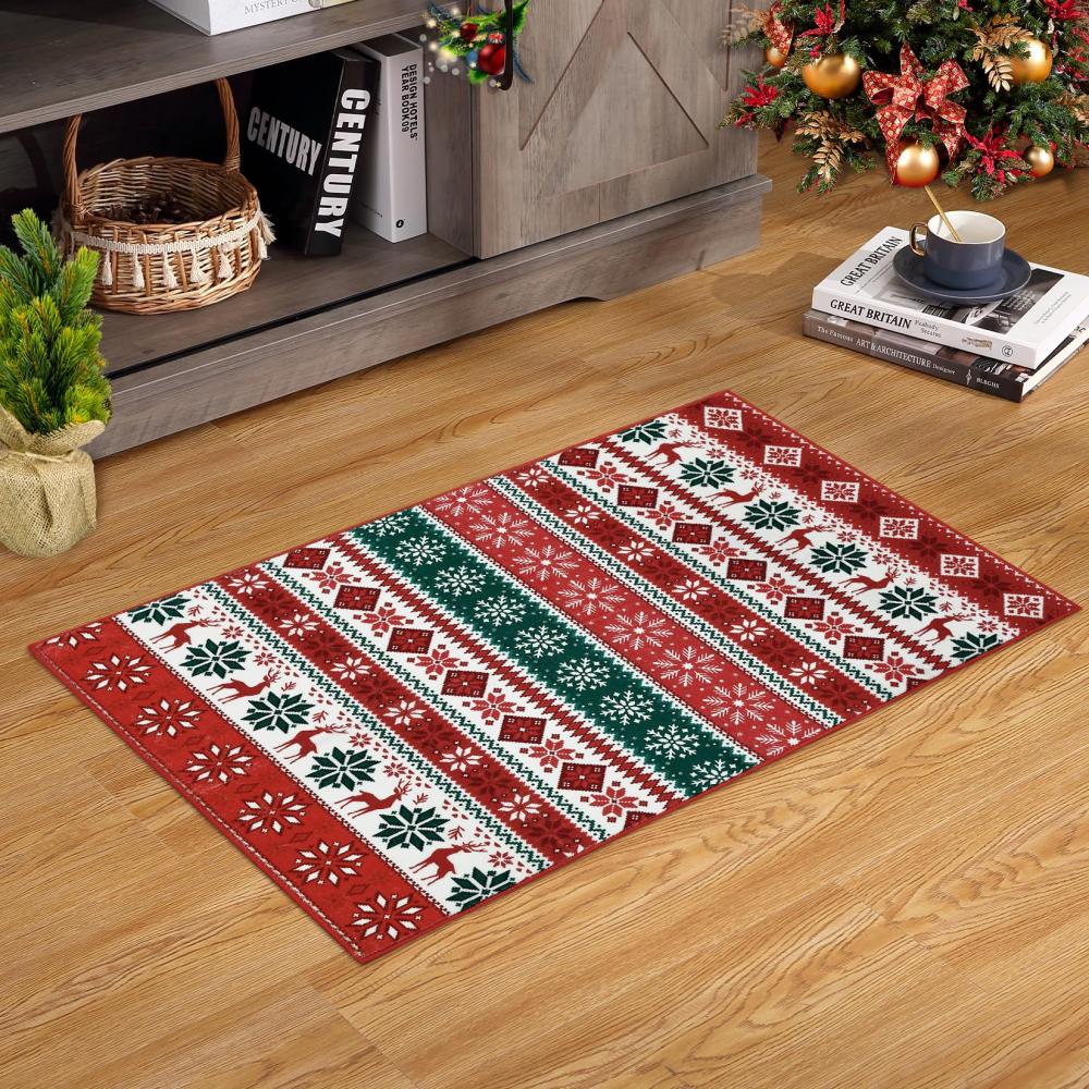 VIKAMA Christmas Entrance Rug Soft Bedroom & Kitchen Mat Geometric Non-Slip Front Door Doormat Christmas Home Decor