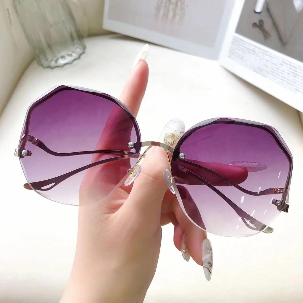Irregular Round Sunglasses Woman  Designer Gradient Fashion Sun Glasses Female Rimless Metal Curved Temples Oculos De Sol