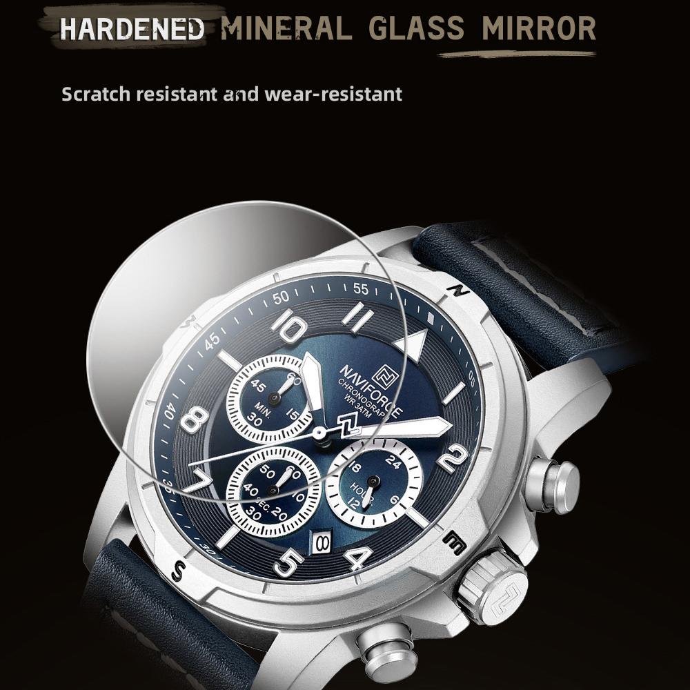 NAVIFORCE Original Men Quartz Watch Chronograph Mini Dial Calendar Date Leather Strap Luminous Hands 30m Waterproof Men Watch Gift NF8077