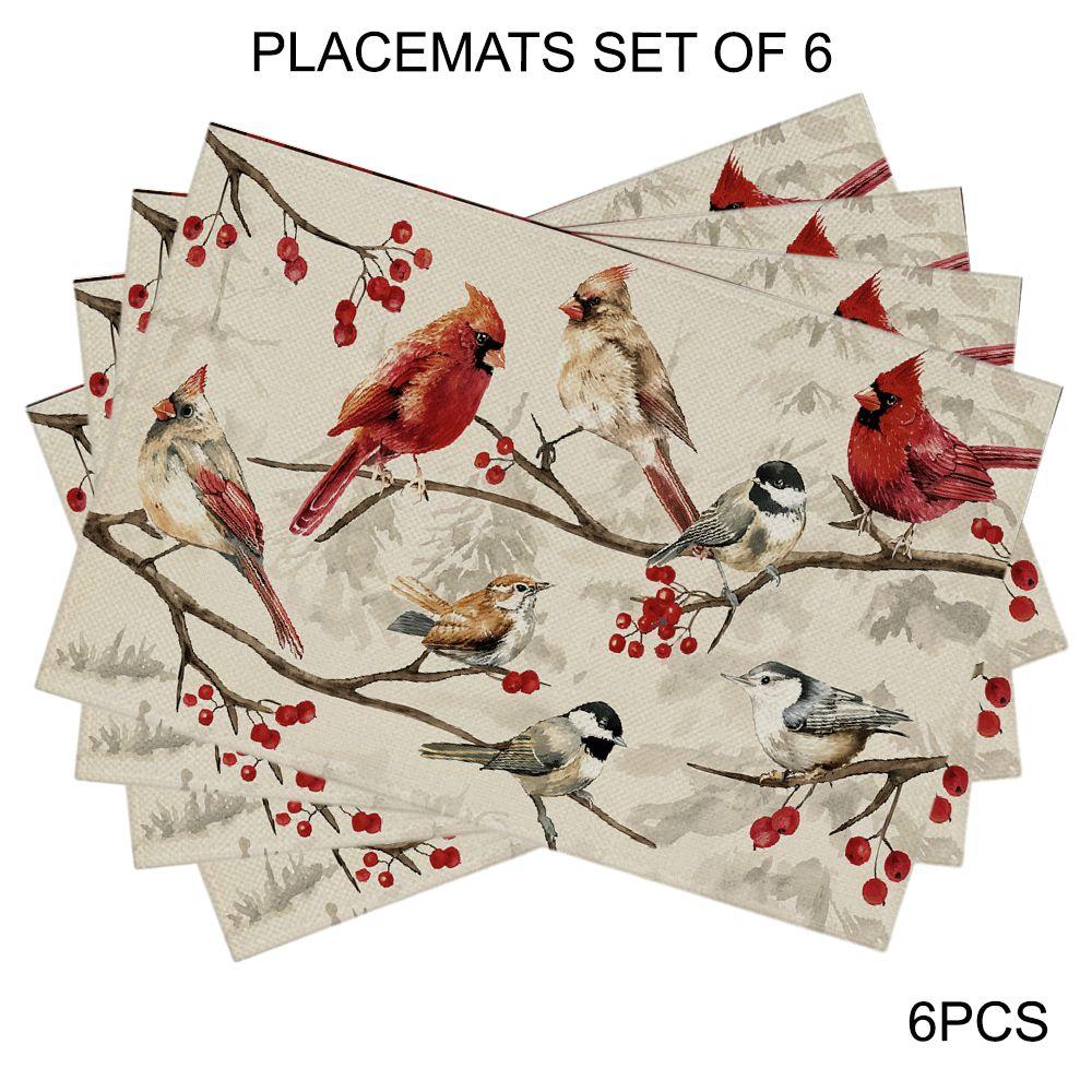 4pcs Placemats, 12x18 Inch Home Decor 2D Printed Placemats, Red Bird Winter Art Linen Printed Table Mats, Rectangular Washable Kitchen Dining Decor,