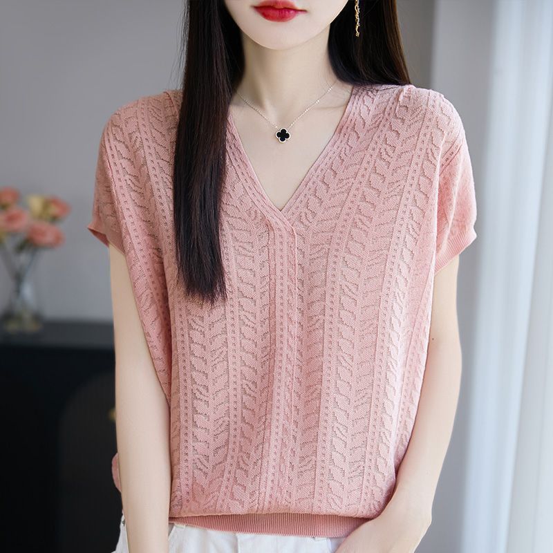 Women Summer White Leaf Pattern V Neck Short Sleeve Knit Casual Blouse