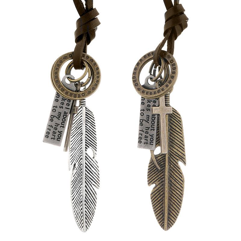 Vintage Feather Pendant Necklaces for Women Men Friendship Adjustable Long Leather Rope Chain Necklace Jewelry