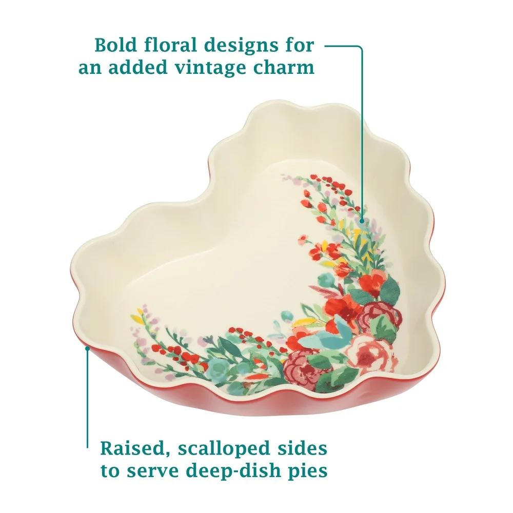 Heart Shaped Ceramic Pie Pan Stoneware Non Stick Dish Scalloped Edges Deep Dish Baker Oven to Table Dishwasher Safe Baking