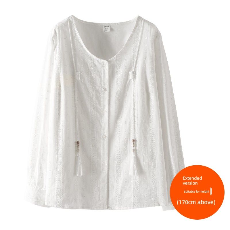 

Plus size women clothing [This Year s Popular Shirt] Autumn Chubby Girl Texture Hollow Embroidery Tassel Long sleeve Shirts