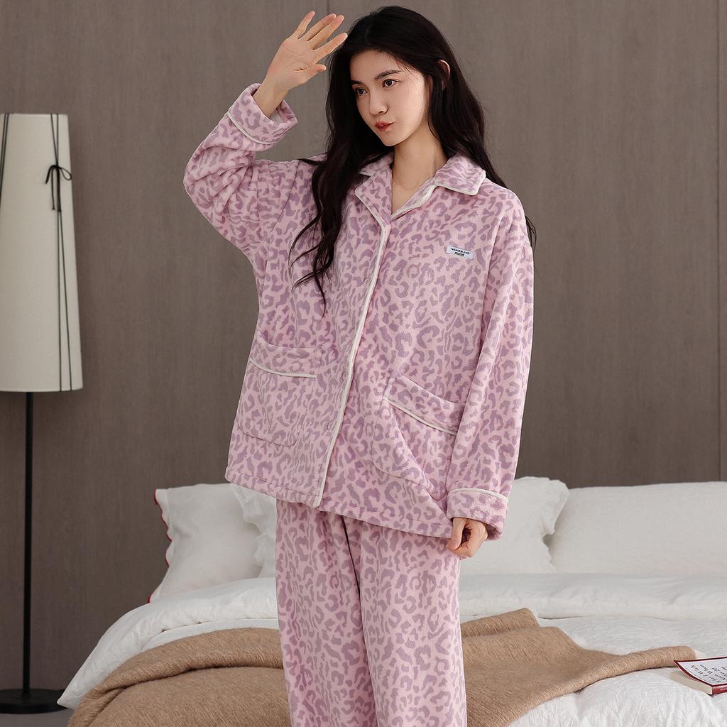 Flannel Pajamas Women'S Autumn And Winter Fleece Thickened Coral Fleece Warm Can Be Worn Outside Loungewear Set