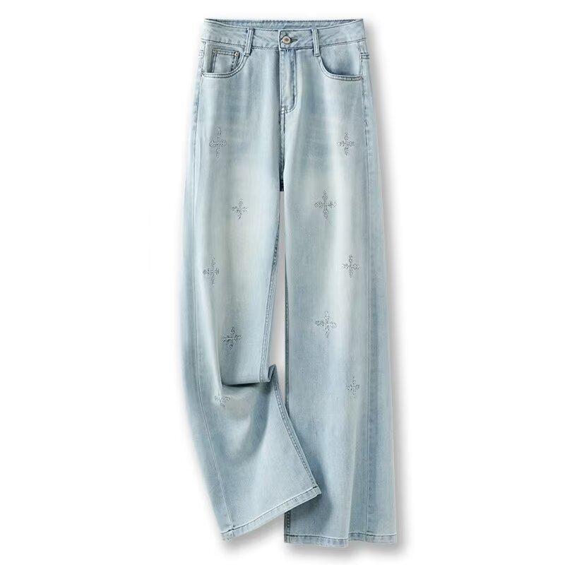 Women's Retro High-Waist Slim-Fit Jeans with Snowflake Embroidery & Rhinestones