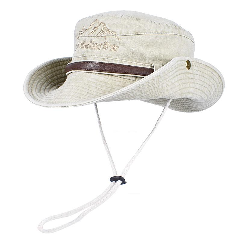 Panama Zonnehoed Vissershoed Man Vrouw Zomer Brede Rand Vizier Visserij Bucket Hoed Leren Riem Geborduurd Waterdicht Bob Vrouw About 58cm beige