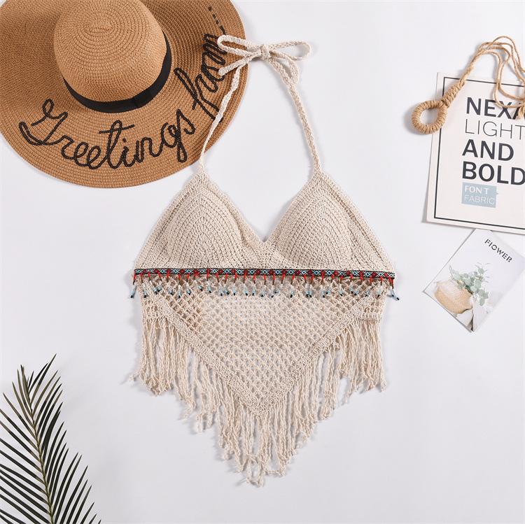 Lace-up Neck Small Vest, Sling Women's Summer Short Style with Chest Pad Inside, Backless Hollow Tube Top Embroidered Vest