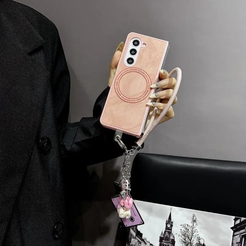 Magnetic Wrist Strap Cute Stars Wireless Charging PU Leather Phone Case for Samsung Galaxy Z Fold 6 5 4 3 Protective Cover