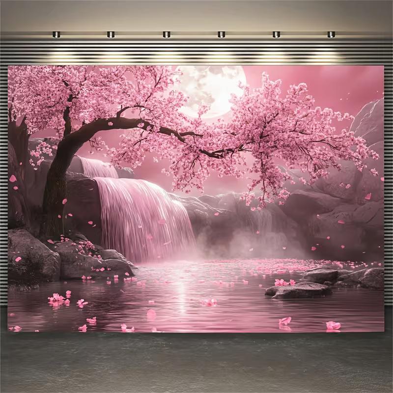 2D Pink Sakura Waterfall Background Cloth Night Moon & Floral Party Banner
