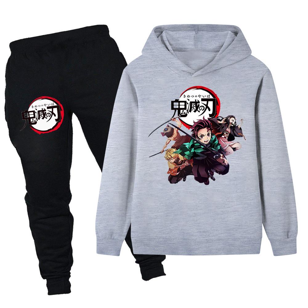 PB095 Kids Boys Girls Kimetsu No Yaiba Print Long Sleeves Hoodie Pants Trousers Clothes Sets