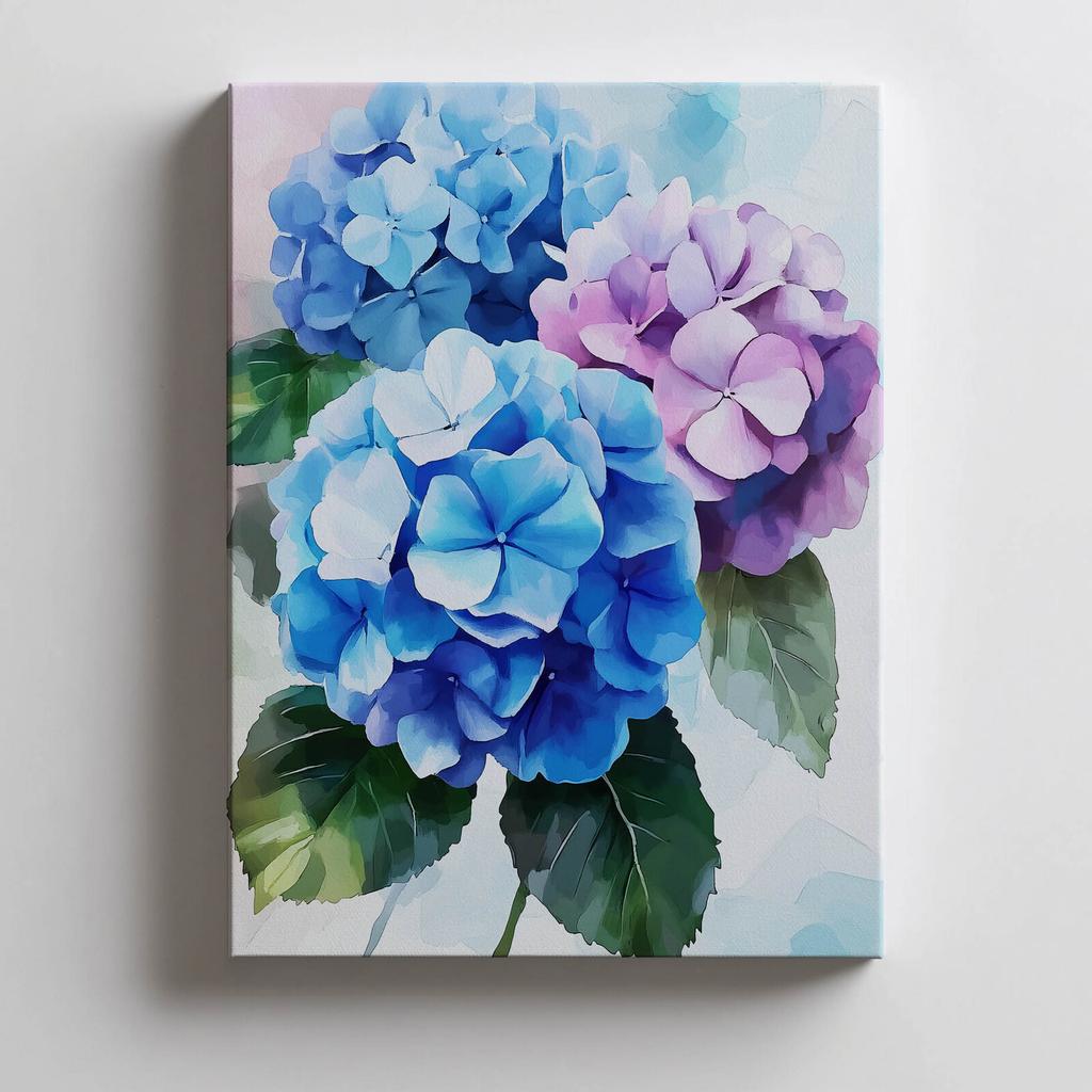 Hortensienblüten in Pastellfarben Hortensienblüten in Pastellfarben, 70X100 cm, Holzrahmen Dunkelbraun, Mattes Papier 230 g/m²