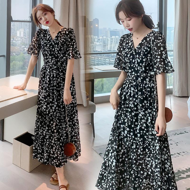 

Summer new floral chiffon black over-the-knee long skirt v-neck dress women M