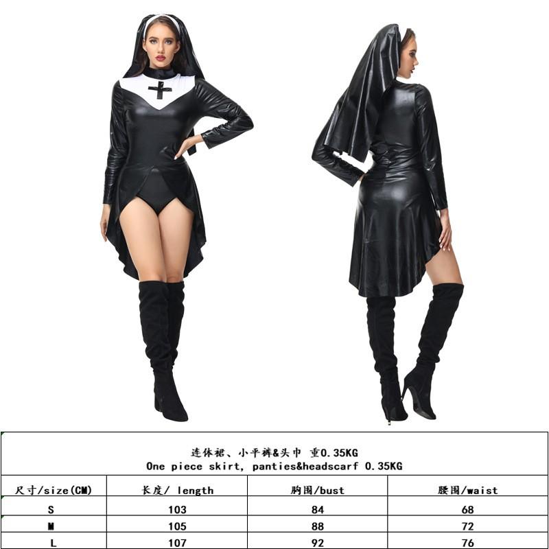 Sexy Nonnenkostüm Damen Halloween Cosplay Hexe Priesterin Bühnenauftritt Outfit Baumwollmischung S M L XL