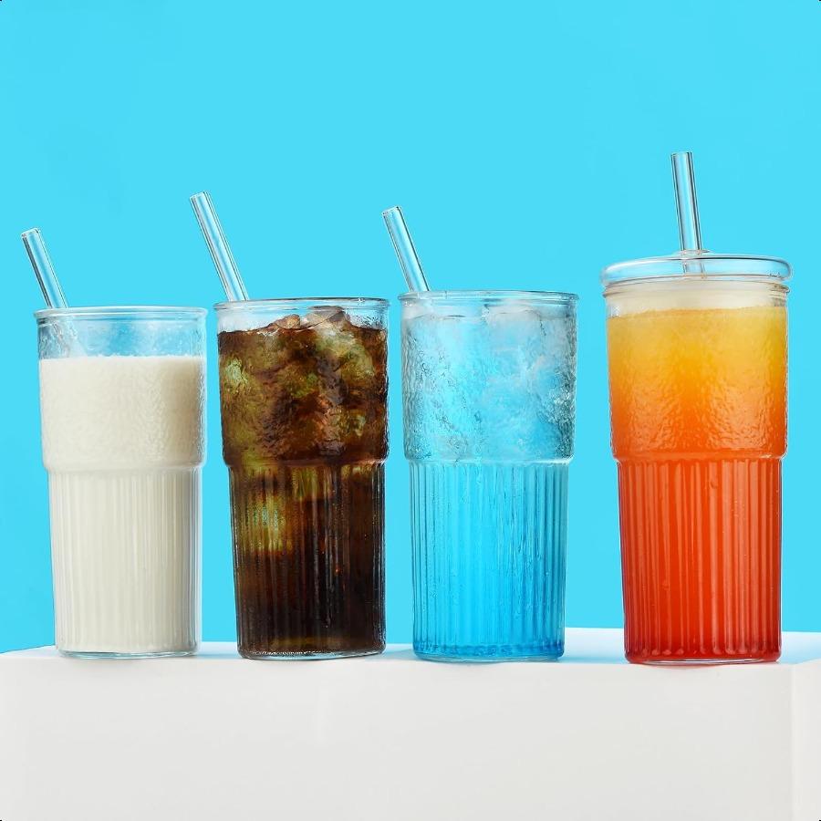 Glass Cups with Lids and Straws 22 Oz High Borosilicate Clear Iced Coffee Glass Tumblers Drinking Glass Smoothie Tea Water Cups