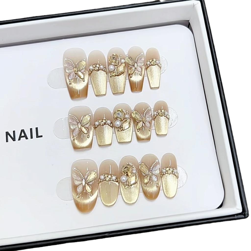 Pure Handmade Phototherapy Nail Art Golden Butterfly Wear Nail Finished Cat Eye Nail Art Patches Show Whiteness and Temperament