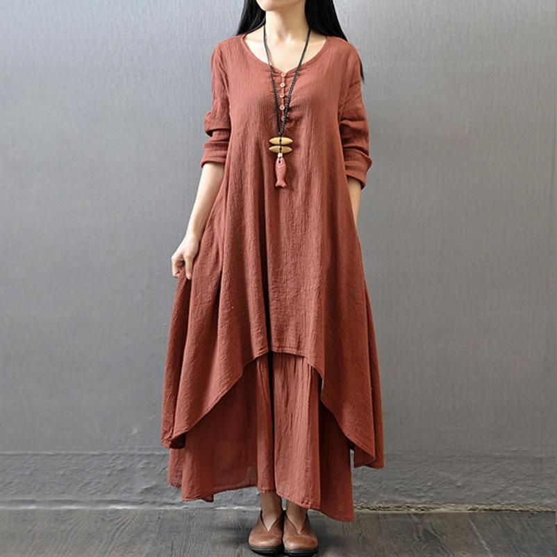 

Spring and Autumn Fake Two-piece Long Skirt Literary Big Swing Linen Dress Loose Long-sleeved Cotton and Linen Skirt 5XL помаранчевий