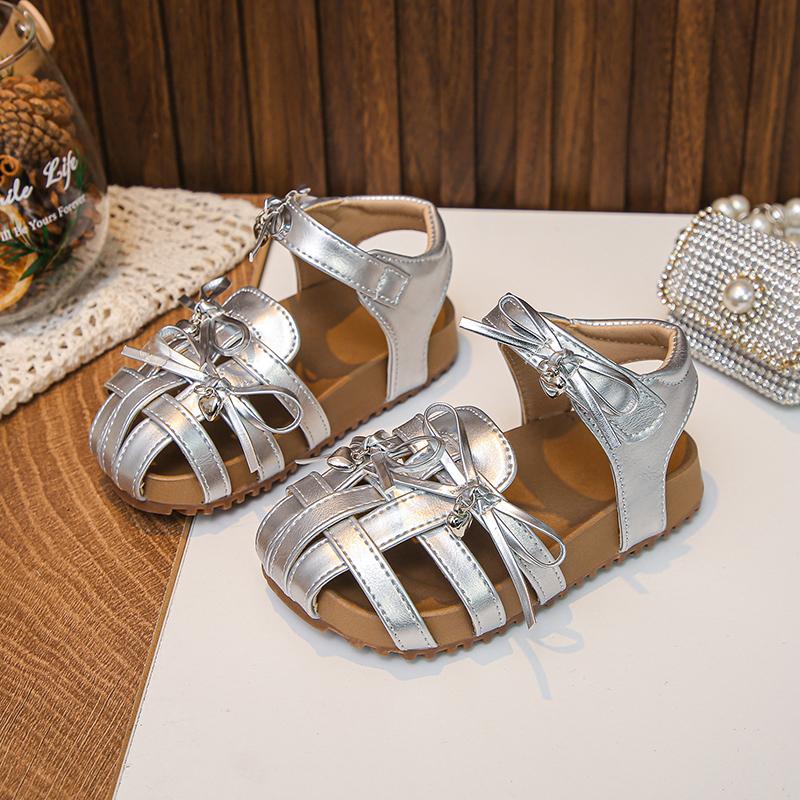 New Summer Children'S Sandals Closed Leather Sandals Cute Bow Non-Slip Soft Breathable Simple Fashion Princess Shoes