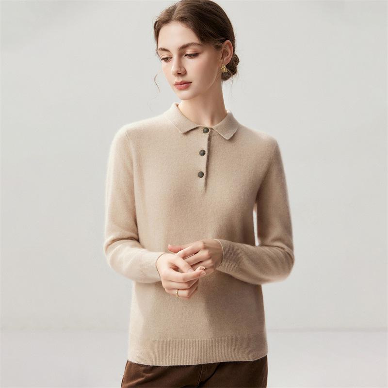 Lekasha Women's Cashmere Goat Wool Polo Collar Loose Knit Sweater - 12-Gauge Long Sleeve Base Layer for Autumn/Winter