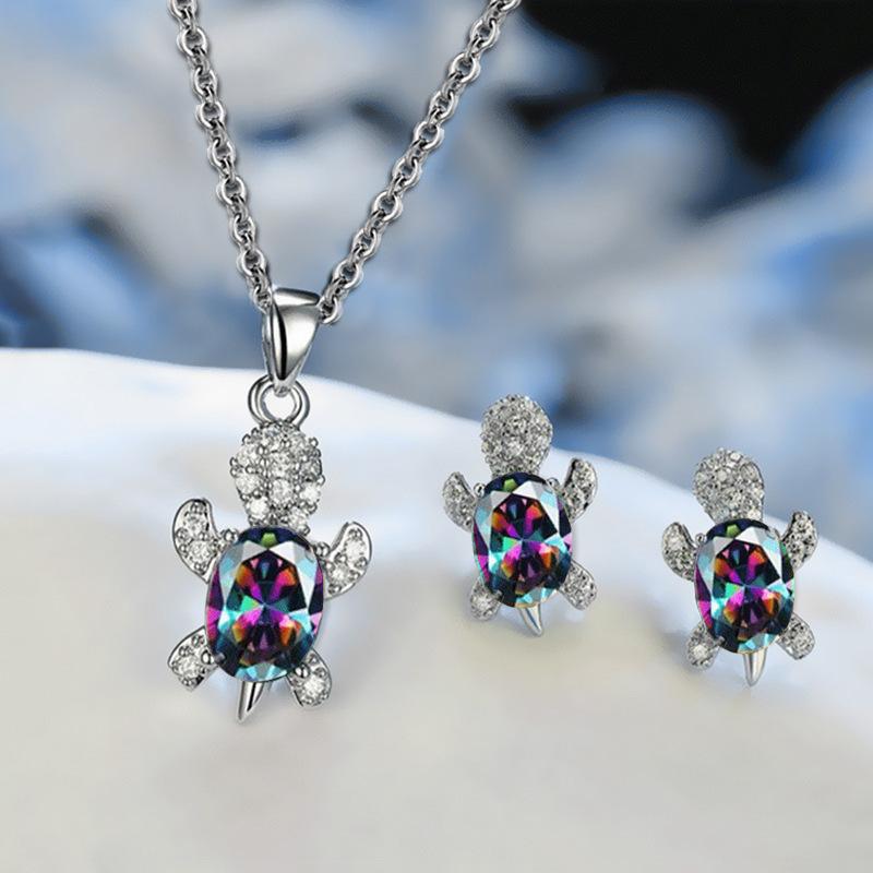3pcs Silver-plated Necklace Earrings Set Ladies Light Luxury Fashion Style Turtle Shape with Multi Color Glass Diamond