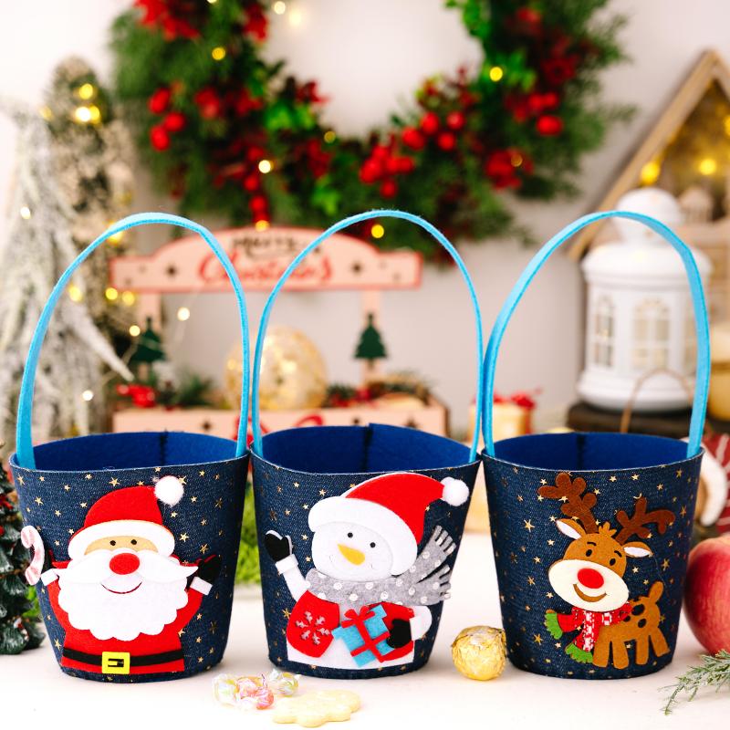 Cartoon Christmas Handbag Gift Bucket Festive Elk Cloth Handbag Christmas Gift Bag Washable Candy Bag For Gift Giving 'S Party