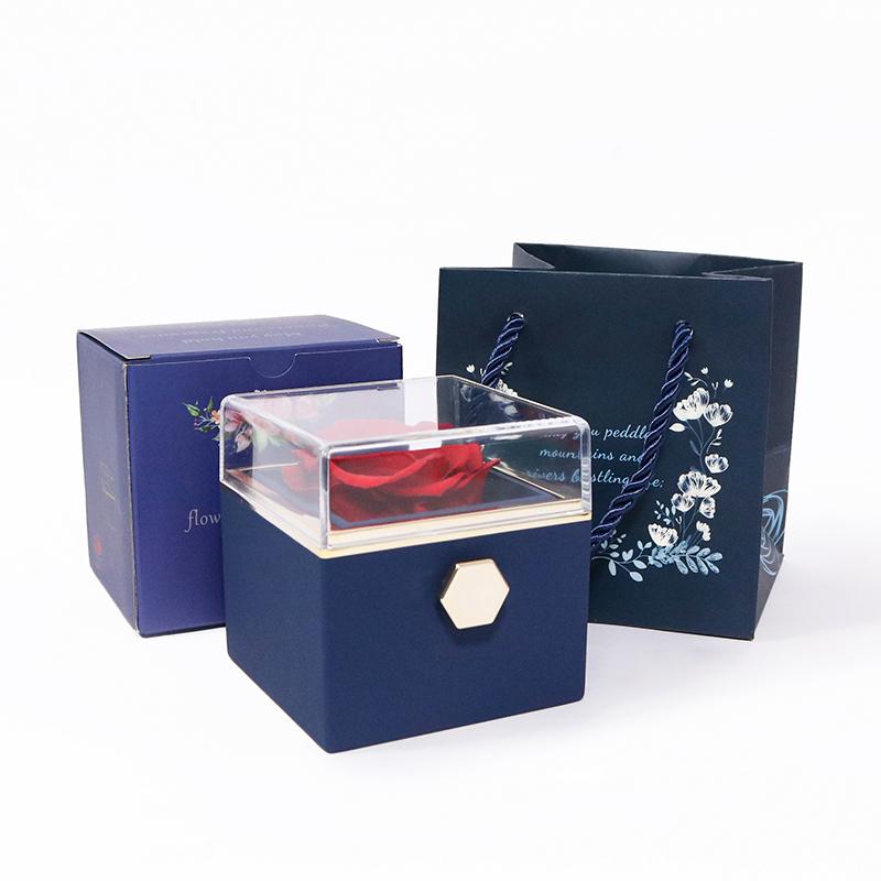 Manual Rotating Preserved Flower Jewelry Box with Necklace Ring Holder Luxury Acrylic Eternal Rose Box for Anniversary Gift