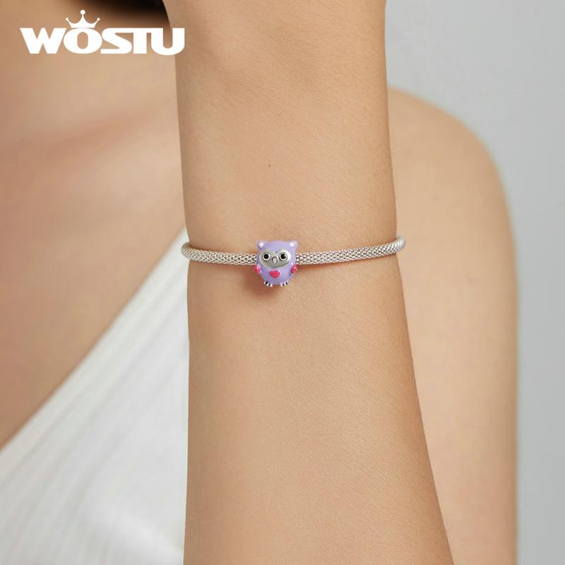 WOSTU Enamel Cartoon Purple Owl 925 Sterling Silver Charm Beads fit Bracelet Bangle Fine Jewelry