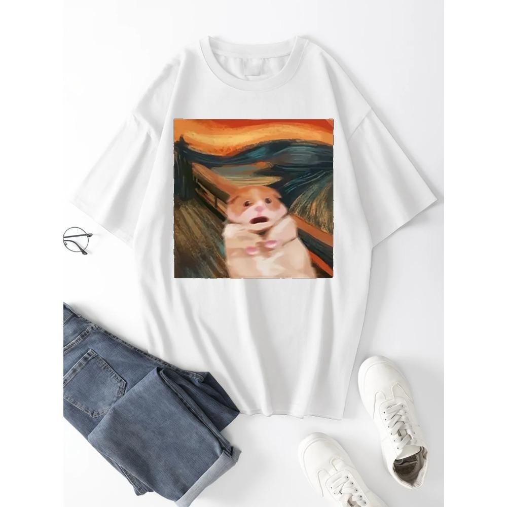 Funny Screaming Hamster Graphic Print Creative Top Casual Short Sleeve Crew Neck T-shirt Clothing for Summer  Women Clothing