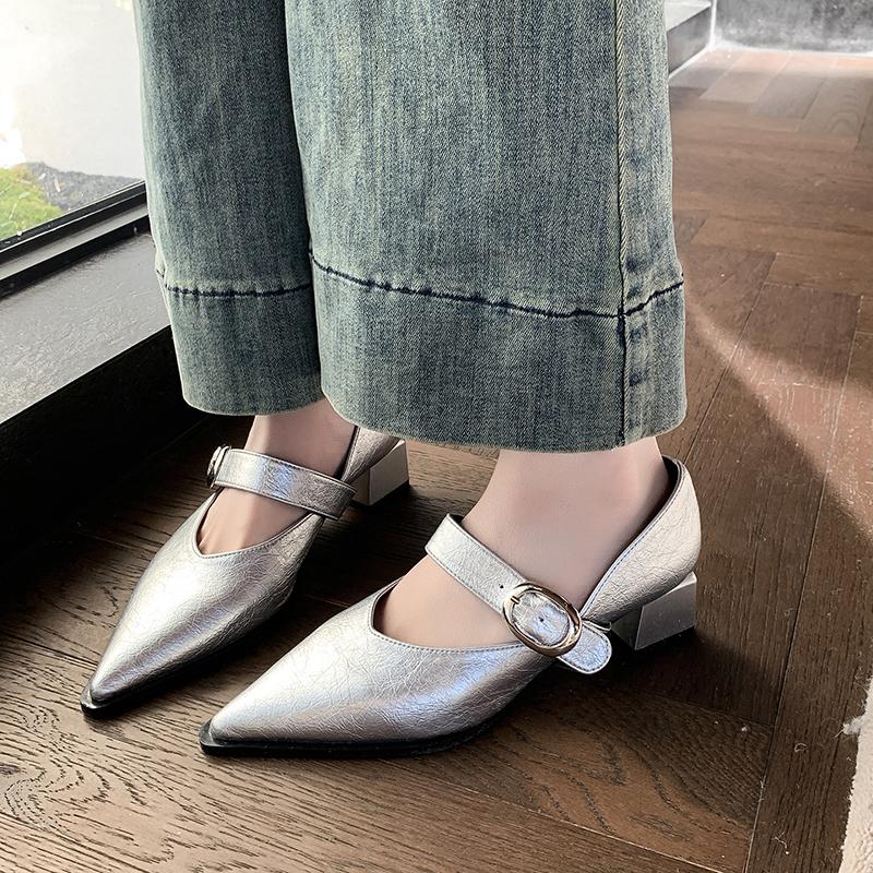 Fashion 2025 Spring New Low Heel Shoes Women's Pointed Head Shallow Mouth Metal Buckle Soft Sole Non-slip Low Top Shoes