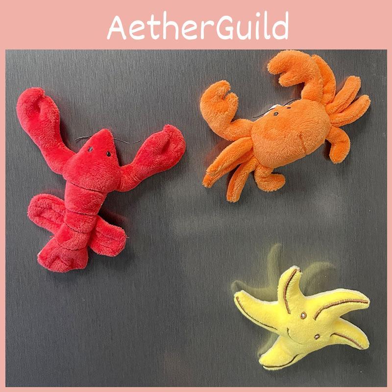 Plush Ocean Animal Refrigerator Magnet Set Including Bright Red Lobster And Cheerful Sea Star