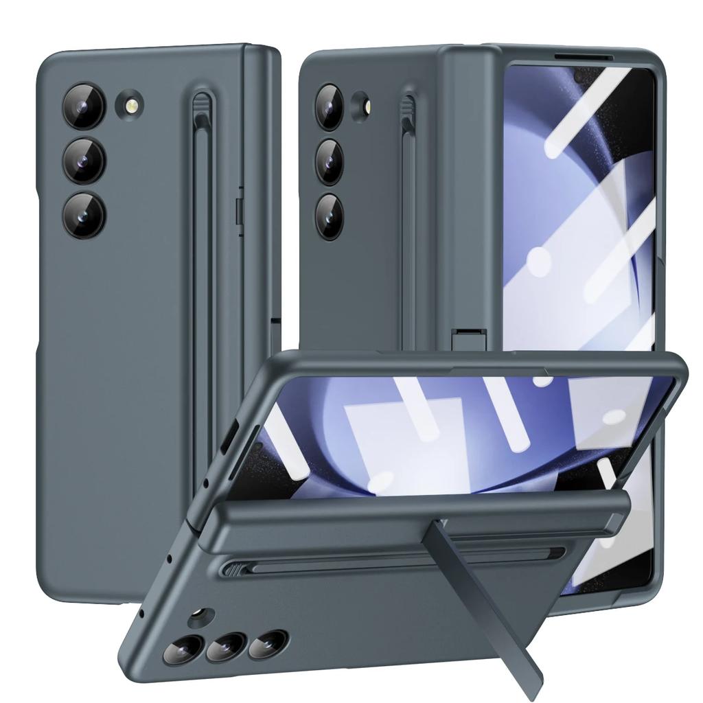 Skin Feel Matte for Samsung Galaxy Z Fold 6 5 4 3 Case with Tempered Film Pen Slot Capacitor Pen Folding Hinge Bracket Cover