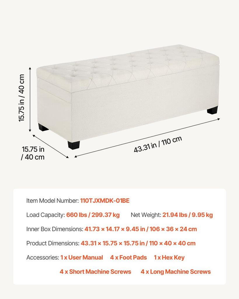 Storage Ottoman Bench, Button-Tufted End of Bed Bench with Side Bags, Flip-up Upholstered Storage Chest with Metal Frame, Linen Bed Ottoman for Living