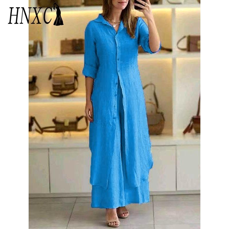 

HNXC Женский Летний, Весенний и Осенний Элегантный Костюм из Хлопка и Льна с Приталенной Талией и Брюками Широкого Кроя с Длинными Рукавами XXXXXL озеро синий