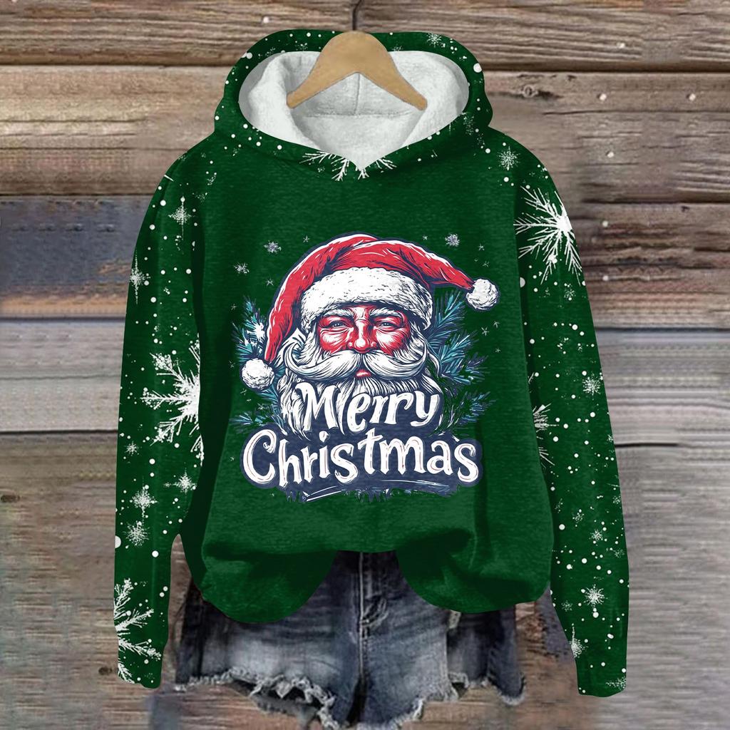 Women's Fashion Pullover Plunging Sleeve Christmas Printed Hooded Sweatshirt