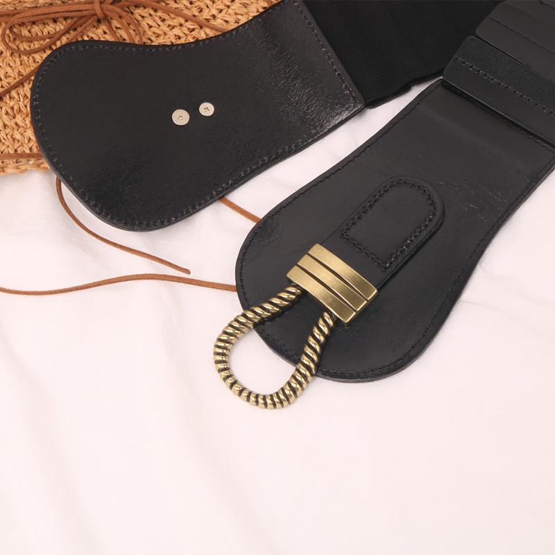 Women's Wide Elastic Leather Waist Belt - Retro Black Cowhide