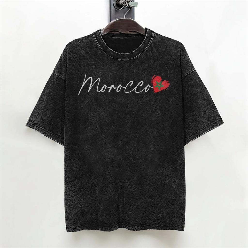 Washed T Shirts Morocco Flag Hip Hop Fashion Tshirt Harajuku Moroccan Streetwear Short Sleeve Printed Tee Shirt For Men Women