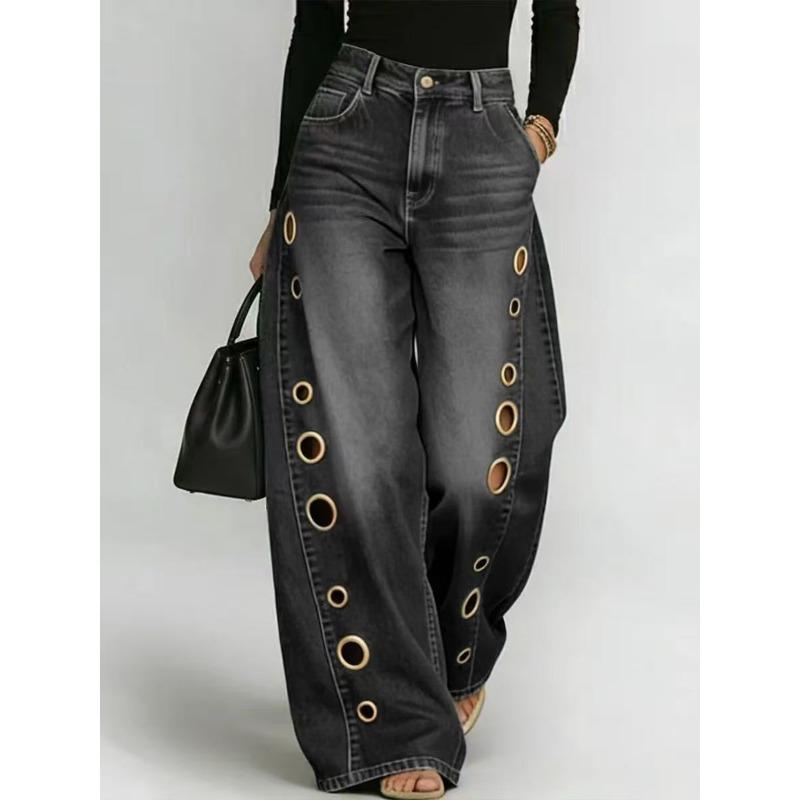 D Spring and Summer New Metal Heterosexual Corns European and American Women's Clothing Solid Color Horse Slip Loose Jeans Spot
