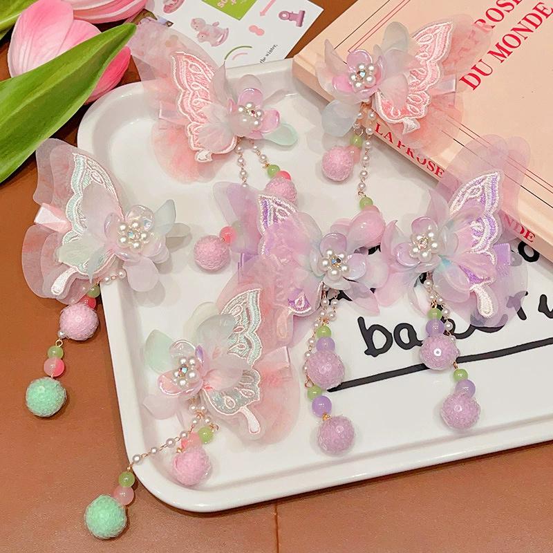 2PCS Children's Hanfu Headwear Hair Clip Little Girl Butterfly Step Swinging Hair Clip Girl Super Fairy Tassel Hair Accessories