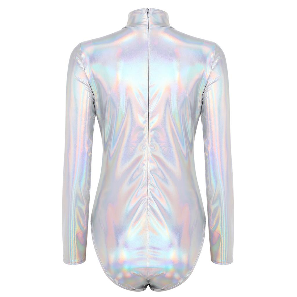 Womens One-piece Shiny Metallic Long Sleeves Gymnastic Dance Leotard Athletic Bodysuit