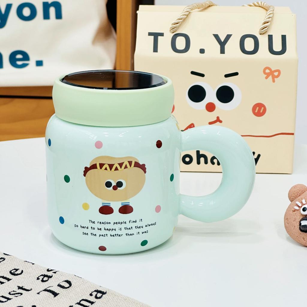Girls' Cute Ceramic Cup Household Suit Mug Small Monster Water Cup Mirror Cup with Lid Simple and High Appearance