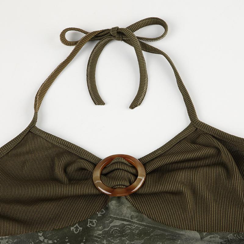 Retro Lesní Zelená Vintage Potisk Boho Y2K Tílko Bez zad Halter Zavazování Asymetrické Topy Dámské Dovolenkové Oblečení