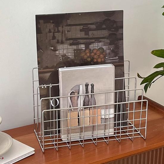 Magazine Holder Book Stand with 3 Vertical Compartments Hollow Design Rustproof Storage Rack Office Desk Organizer