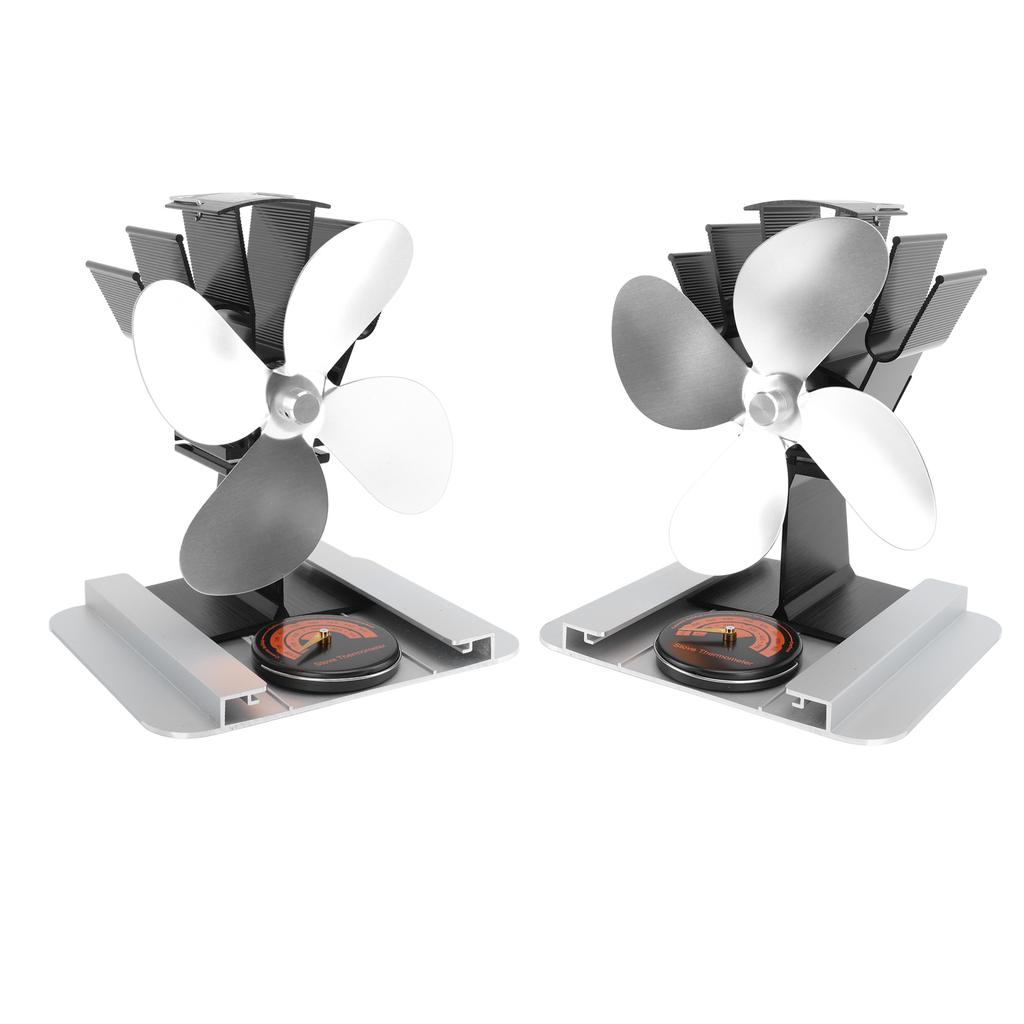 4 Blade Heat Powered Stove Fan With Heat Shield Thermometer Aluminum Alloy Noiseless Heat Powered
