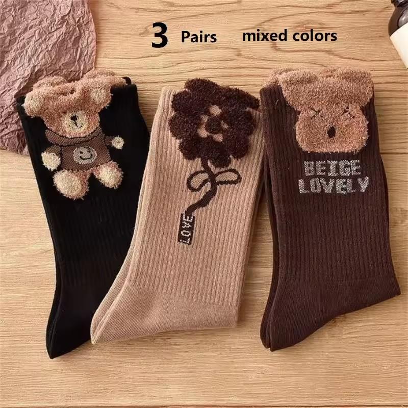 3 Pairs Women Spring Autumn Cartoon Bear Pattern Mid Tube Socks Fashionable Letter Printing Soft Comfortable Casual Socks