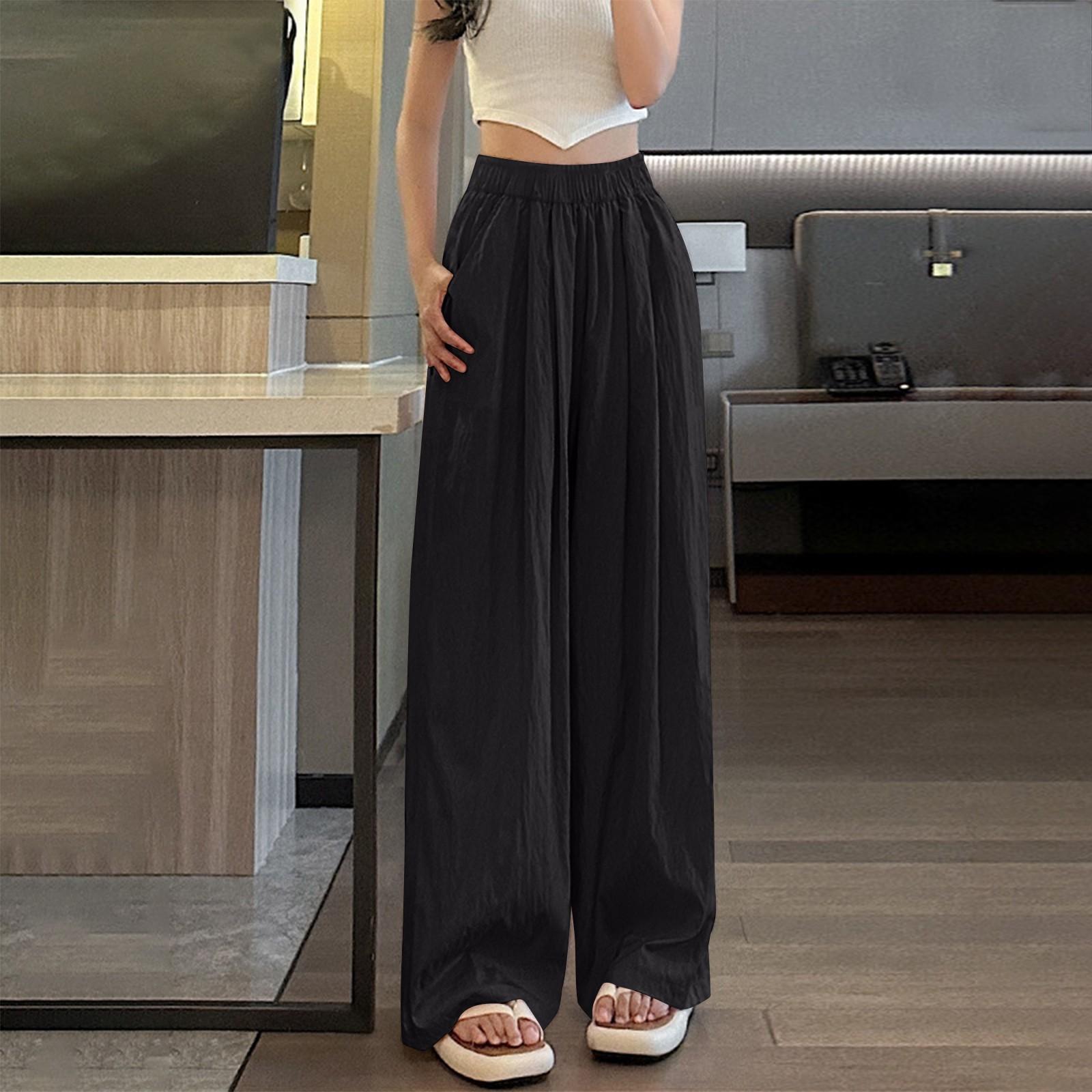 Женские свободные однотонные широкие повседневные брюки из ледяного шелка с морщинами XL — фото 6