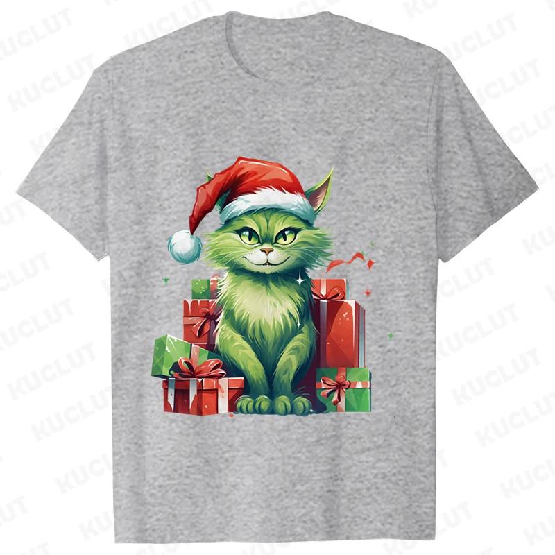 New Year Short Sleeve Tshirt Cute Cat Print Tops Fashion Xmas Unisex Tees Shirt Trend Graphic Christmas Male Oversized Clothing