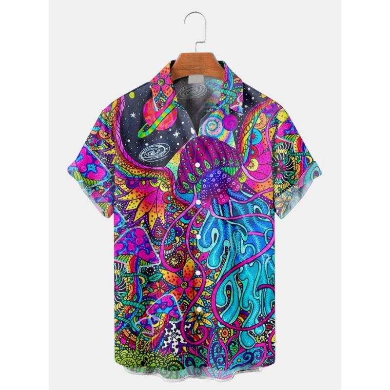 Fashion Men's Casual Sea Life Graphics Short Sleeve Shirt Button Down Lapel Shirts Oversized Tops Casual Hawaiian Shirt for Man