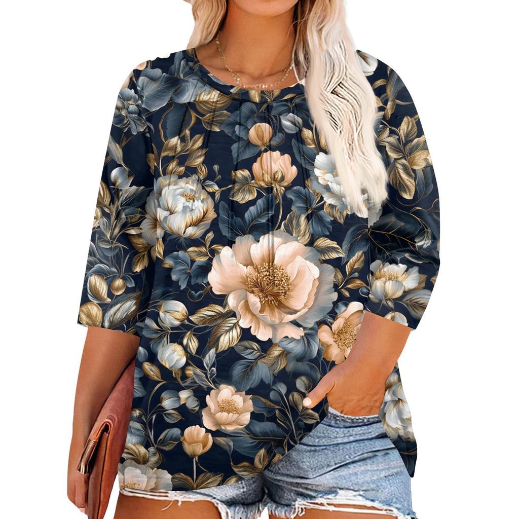 Women's Print Round Neck Plus Size Tops 3/4 Sleeves Elegant Shirt Tops